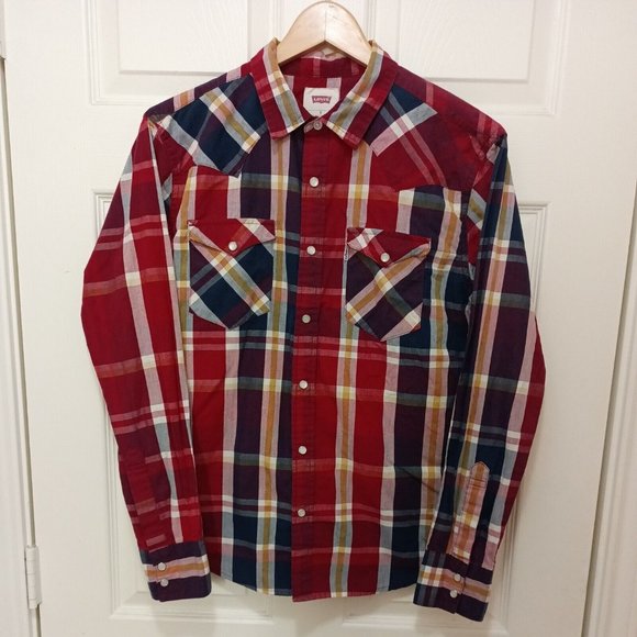 Levi's Tops - Women's Levi's Plaid Red/Blue/Gold Pearl Snap Western Shirt W/Pockets Small